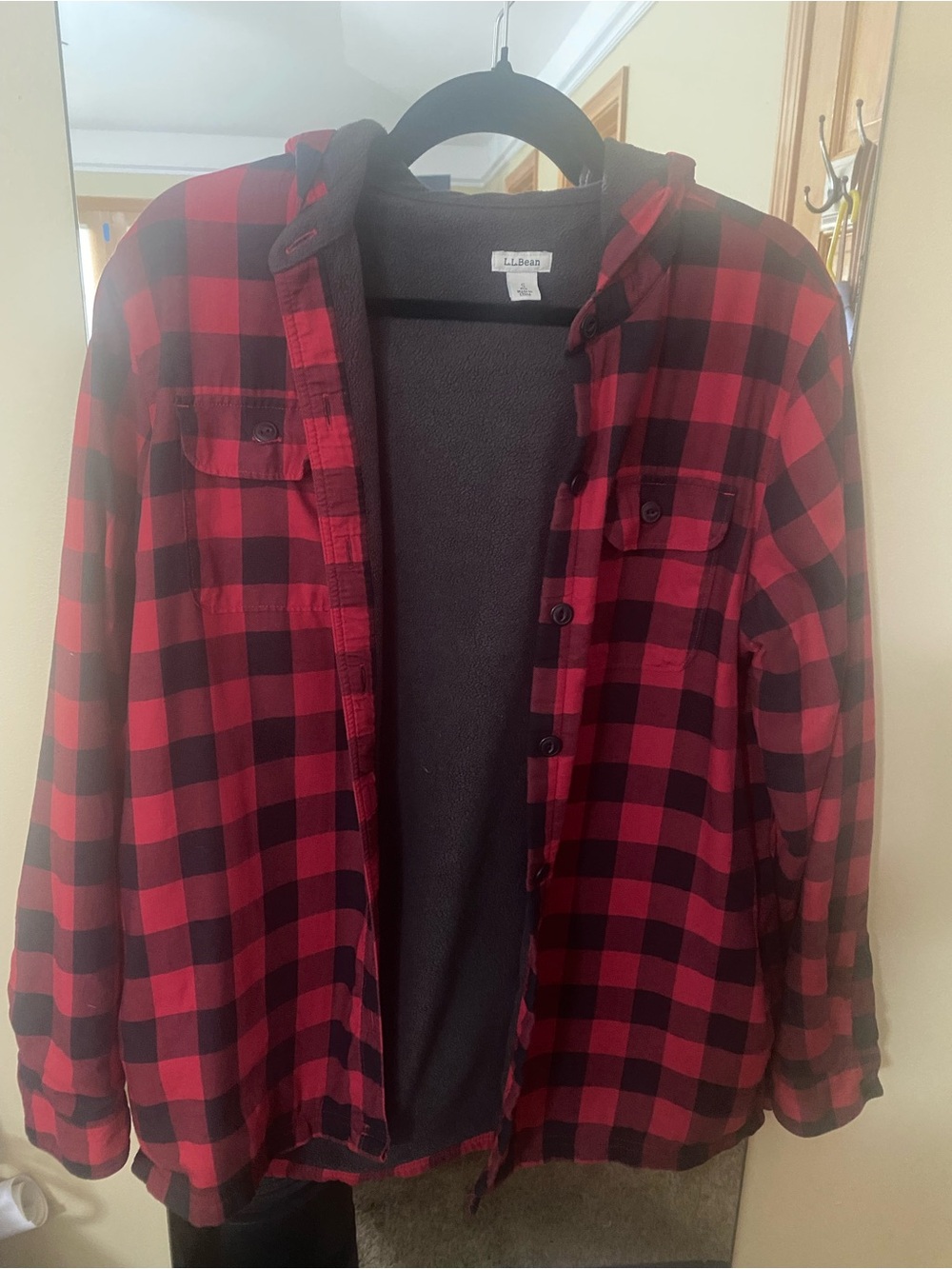 L.L. Bean Red and Black Buffalo Plaid Hooded Shirt Jacket for Woman